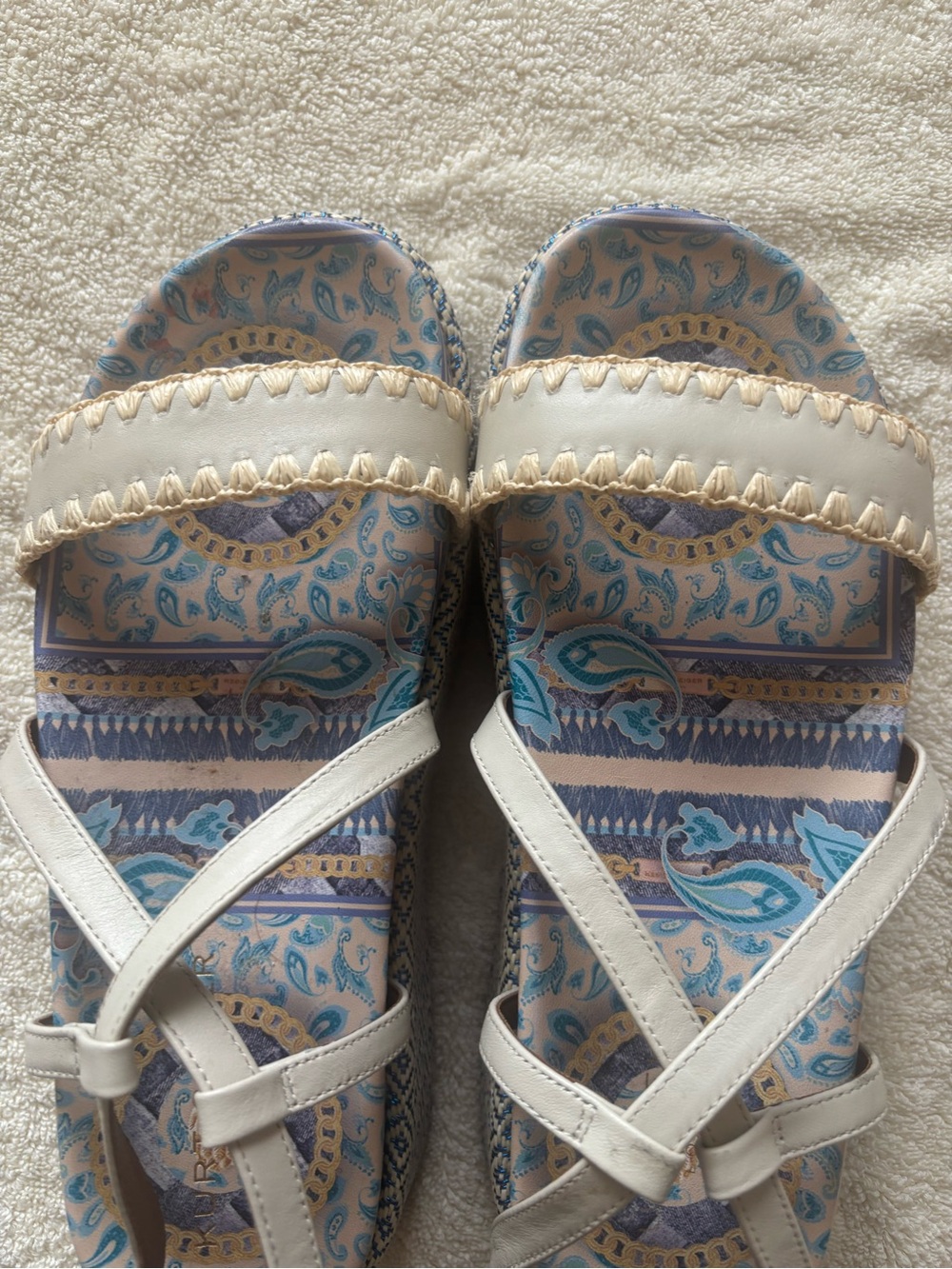 Kurt Geiger Blue Paisley Platform Sandals with White Straps